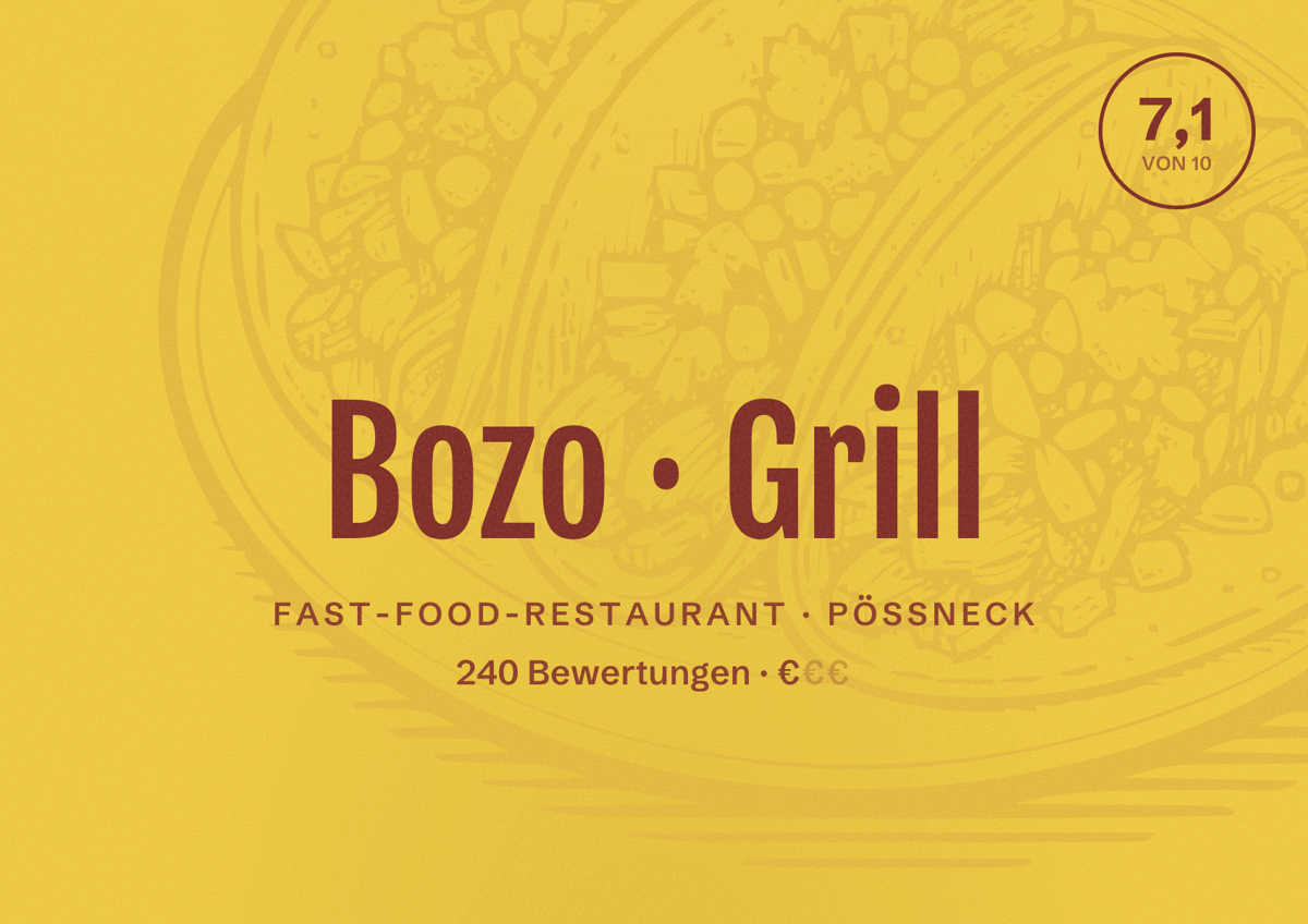 Illustriertes Poster von Bozo Grill, Fast-Food-Restaurant in Pößneck: Bewertung 7,1 von 10 aus 240 Bewertungen, Preisniveau €
