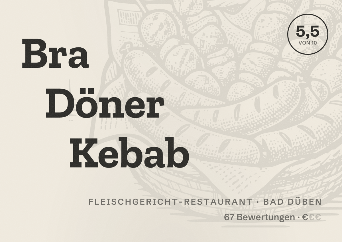 Illustriertes Poster von Bra Döner Kebab, Fleischgericht-Restaurant in Bad Düben: Bewertung 5,5 von 10 aus 67 Bewertungen, Preisniveau €