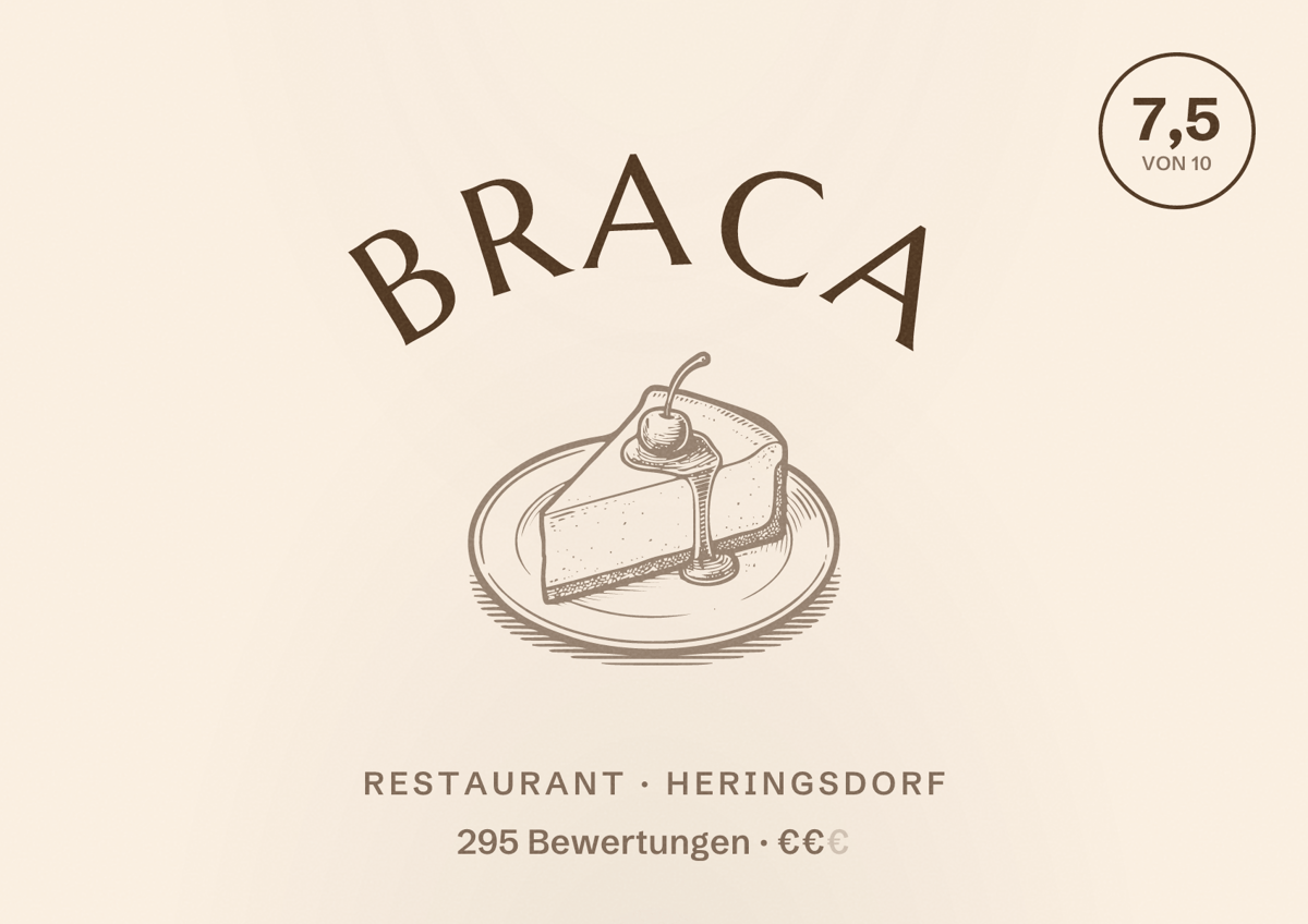 Illustriertes Poster von BRACA, Restaurant in Heringsdorf: Bewertung 7,5 von 10 aus 295 Bewertungen, Preisniveau €€