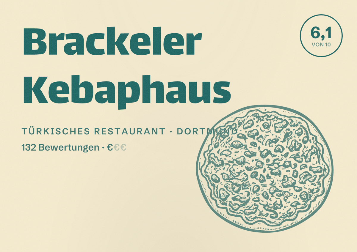 Illustriertes Poster von Brackeler Kebaphaus, Türkisches Restaurant in Dortmund: Bewertung 6,1 von 10 aus 132 Bewertungen, Preisniveau €