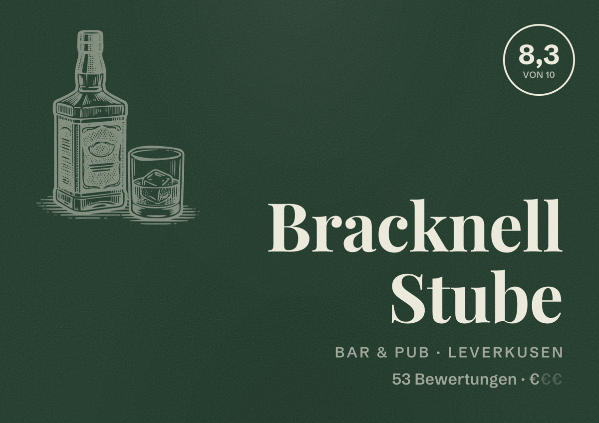 Illustriertes Poster von Bracknell Stube, Bar & Pub in Leverkusen: Bewertung 8,3 von 10 aus 53 Bewertungen, Preisniveau €