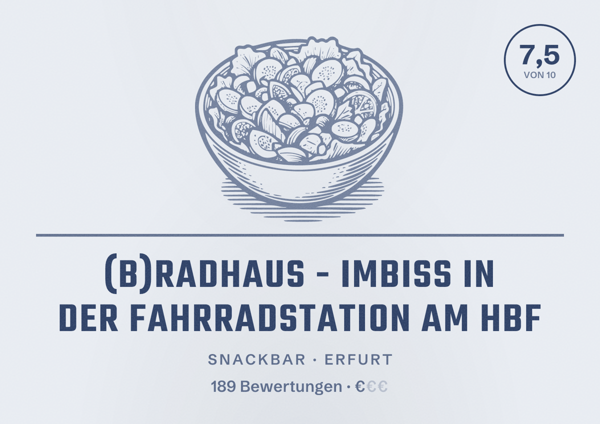 Illustriertes Poster von (B)RADHAUS - Imbiss in der Fahrradstation am Hbf, Snackbar in Erfurt: Bewertung 7,5 von 10 aus 189 Bewertungen, Preisniveau €