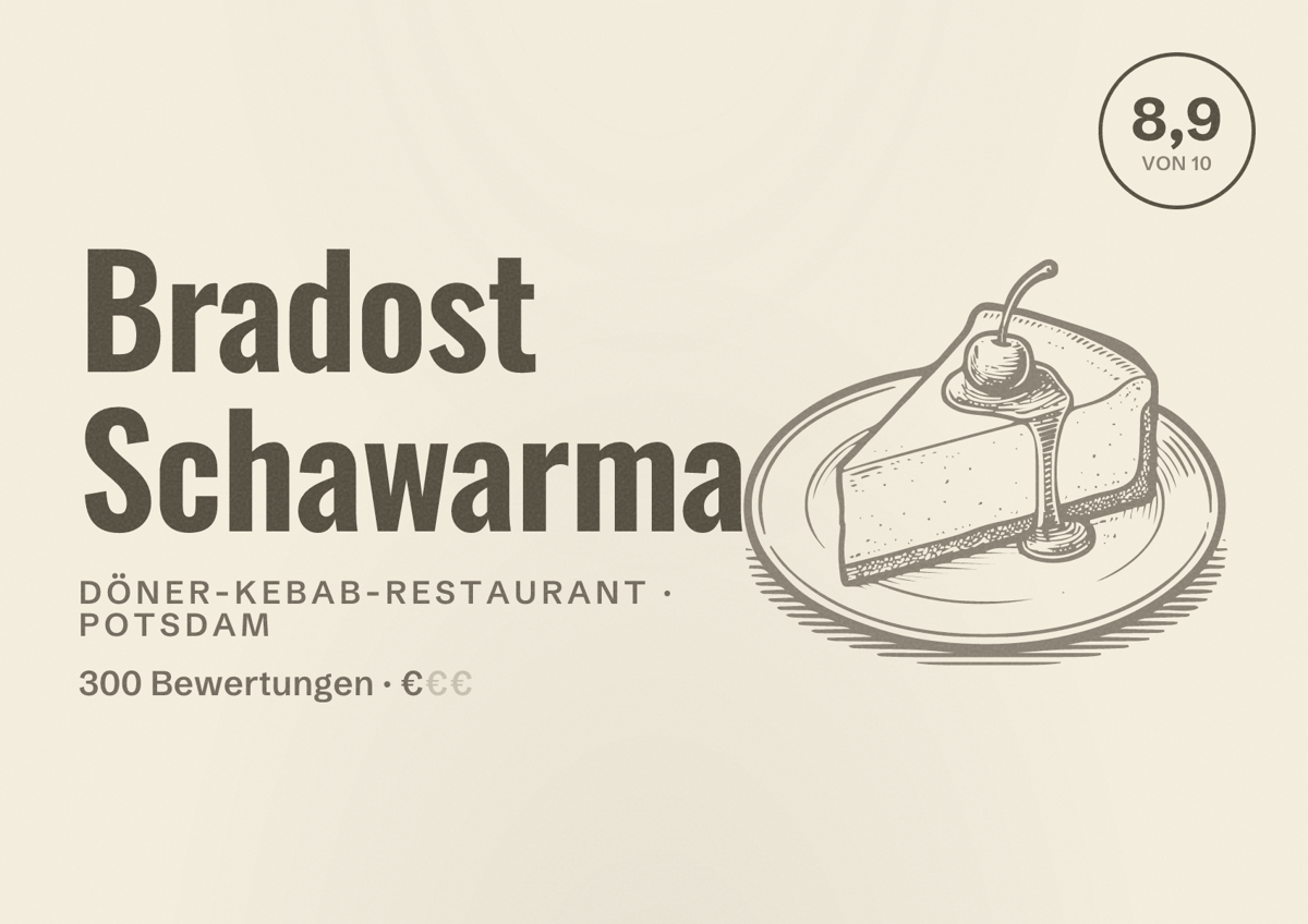 Illustriertes Poster von Bradost Schawarma, Döner-Kebab-Restaurant in Potsdam: Bewertung 8,9 von 10 aus 300 Bewertungen, Preisniveau €