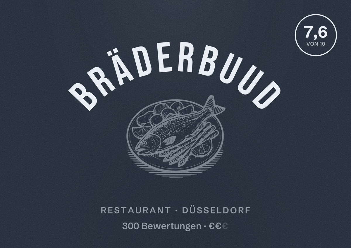 Illustriertes Poster von Bräderbuud, Restaurant in Düsseldorf: Bewertung 7,6 von 10 aus 300 Bewertungen, Preisniveau €€