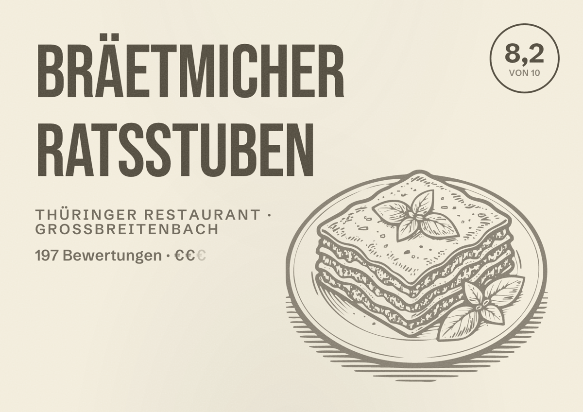 Illustriertes Poster von Bräetmicher Ratsstuben, Thüringer Restaurant in Großbreitenbach: Bewertung 8,2 von 10 aus 197 Bewertungen, Preisniveau €€