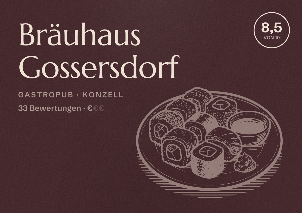 Illustriertes Poster von Bräuhaus Gossersdorf, Gastropub in Konzell: Bewertung 8,5 von 10 aus 33 Bewertungen, Preisniveau €