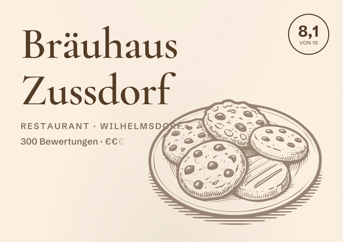Illustriertes Poster von Bräuhaus Zussdorf, Restaurant in Wilhelmsdorf: Bewertung 8,1 von 10 aus 300 Bewertungen, Preisniveau €€