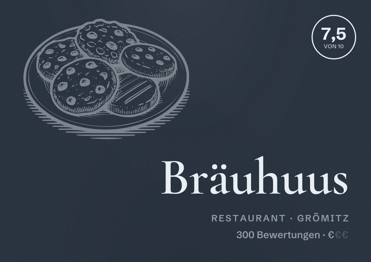 Illustriertes Poster von Bräuhuus, Restaurant in Grömitz: Bewertung 7,5 von 10 aus 300 Bewertungen, Preisniveau €