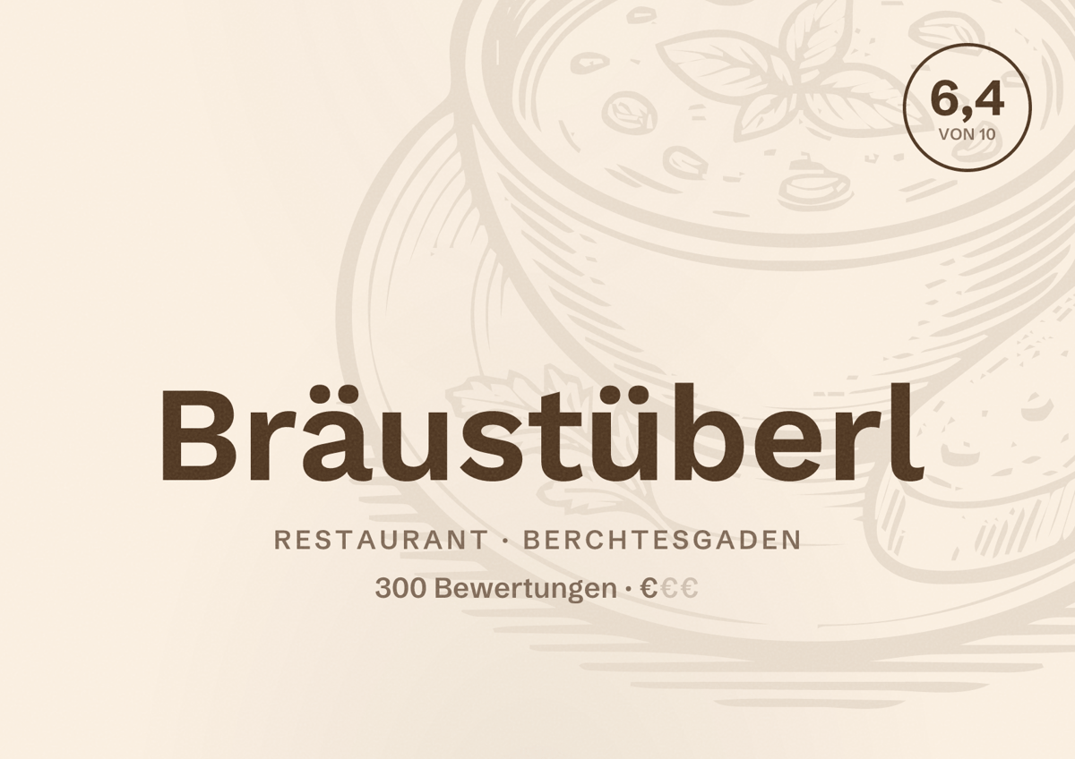 Illustriertes Poster von Bräustüberl, Restaurant in Berchtesgaden: Bewertung 6,4 von 10 aus 300 Bewertungen, Preisniveau €