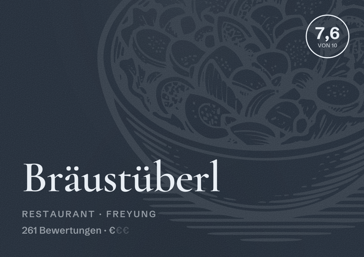 Illustriertes Poster von Bräustüberl, Restaurant in Freyung: Bewertung 7,6 von 10 aus 261 Bewertungen, Preisniveau €