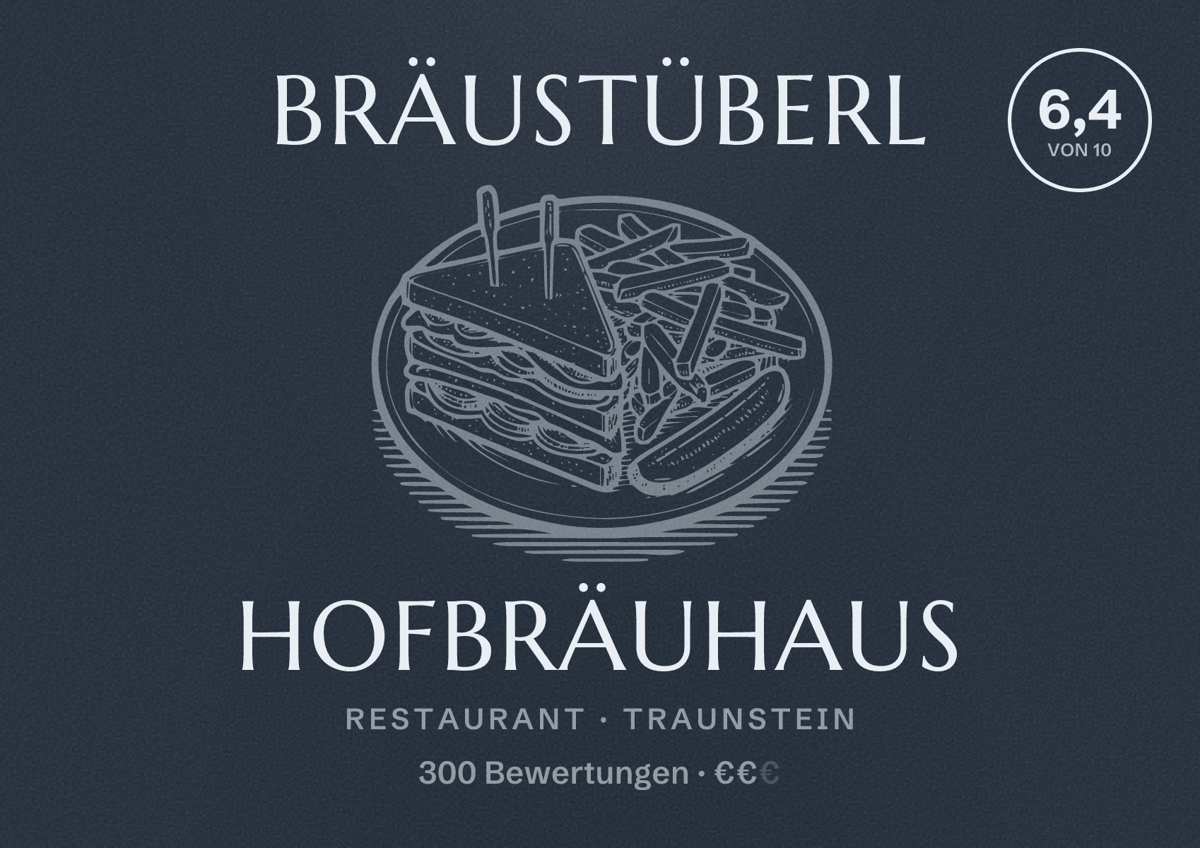 Illustriertes Poster von Bräustüberl Hofbräuhaus, Restaurant in Traunstein: Bewertung 6,4 von 10 aus 300 Bewertungen, Preisniveau €€