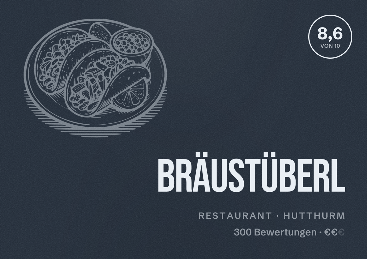 Illustriertes Poster von Bräustüberl, Restaurant in Hutthurm: Bewertung 8,6 von 10 aus 300 Bewertungen, Preisniveau €€
