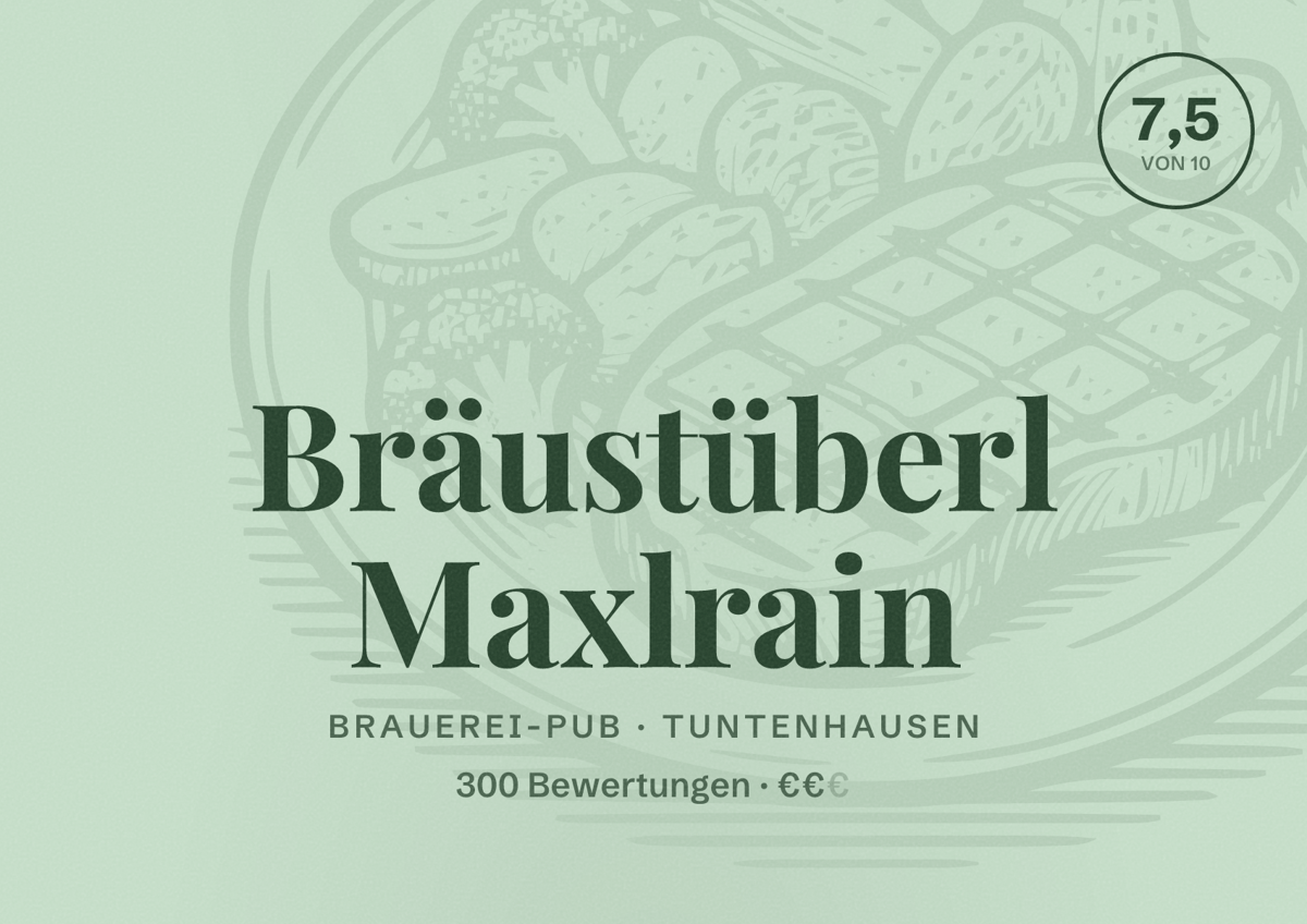 Illustriertes Poster von Bräustüberl Maxlrain, Brauerei-Pub in Tuntenhausen: Bewertung 7,5 von 10 aus 300 Bewertungen, Preisniveau €€