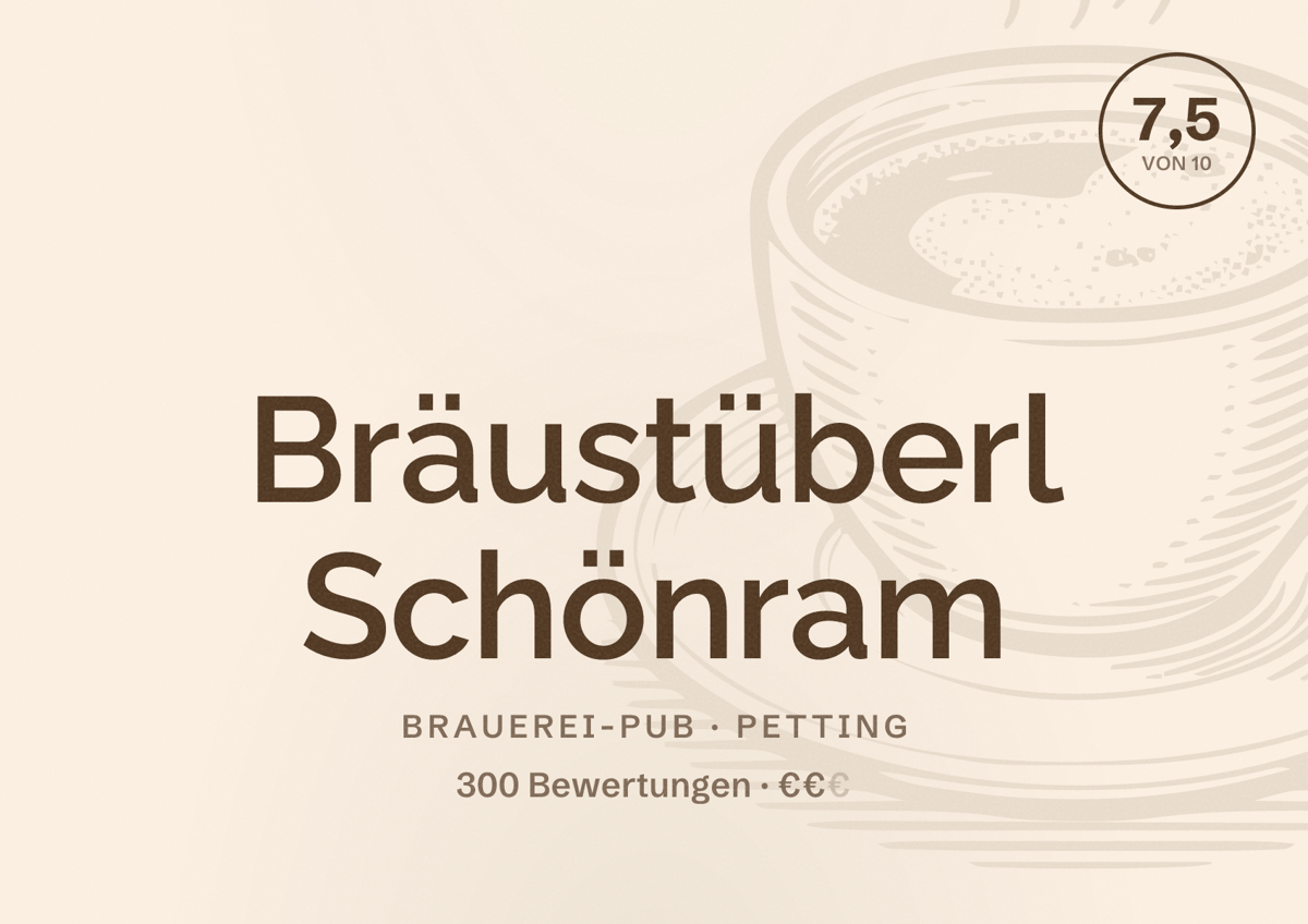 Illustriertes Poster von Bräustüberl Schönram, Brauerei-Pub in Petting: Bewertung 7,5 von 10 aus 300 Bewertungen, Preisniveau €€