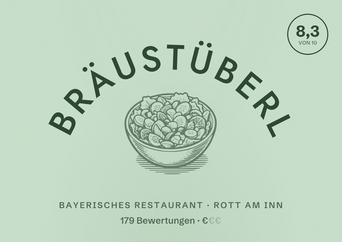 Illustriertes Poster von Bräustüberl, Bayerisches Restaurant in Rott am Inn: Bewertung 8,3 von 10 aus 179 Bewertungen, Preisniveau €