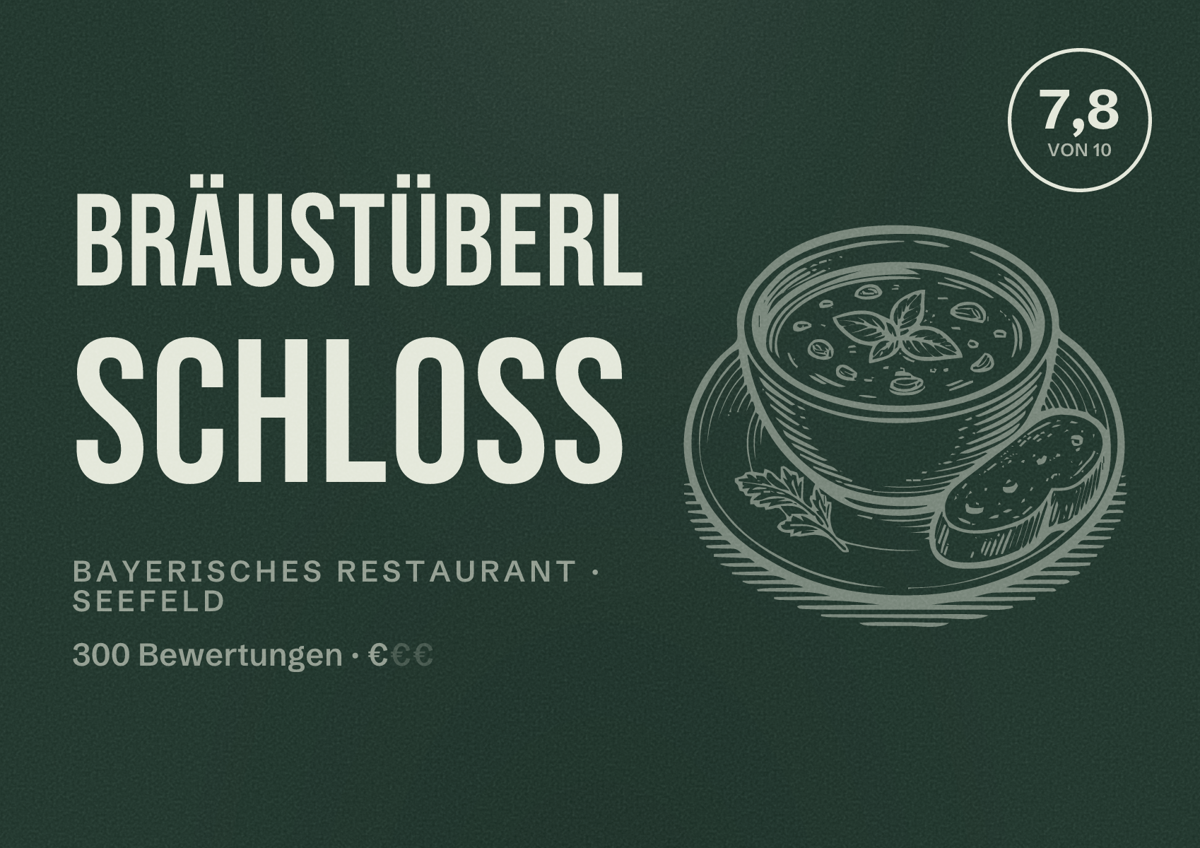 Illustriertes Poster von Bräustüberl Schloss, Bayerisches Restaurant in Seefeld: Bewertung 7,8 von 10 aus 300 Bewertungen, Preisniveau €