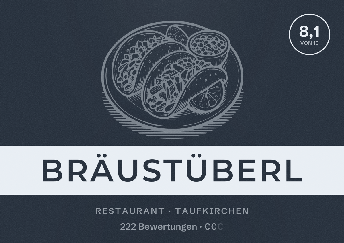 Illustriertes Poster von Bräustüberl, Restaurant in Taufkirchen: Bewertung 8,1 von 10 aus 222 Bewertungen, Preisniveau €€