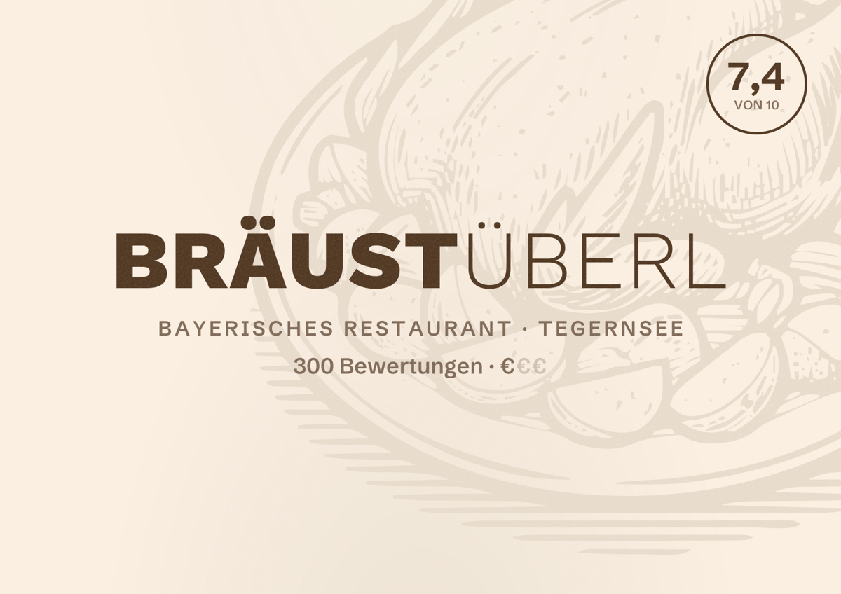 Illustriertes Poster von Bräustüberl, Bayerisches Restaurant in Tegernsee: Bewertung 7,4 von 10 aus 300 Bewertungen, Preisniveau €
