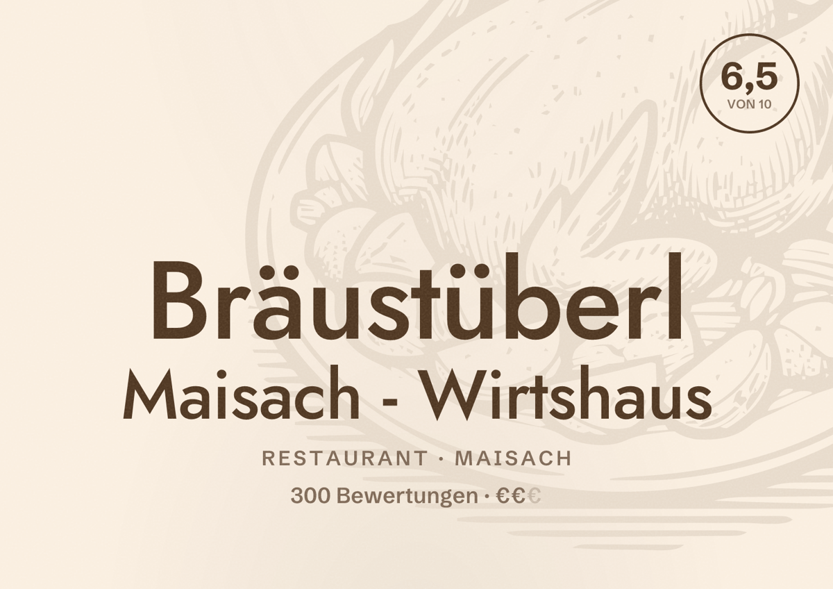 Illustriertes Poster von Bräustüberl Maisach - Wirtshaus, Restaurant in Maisach: Bewertung 6,5 von 10 aus 300 Bewertungen, Preisniveau €€