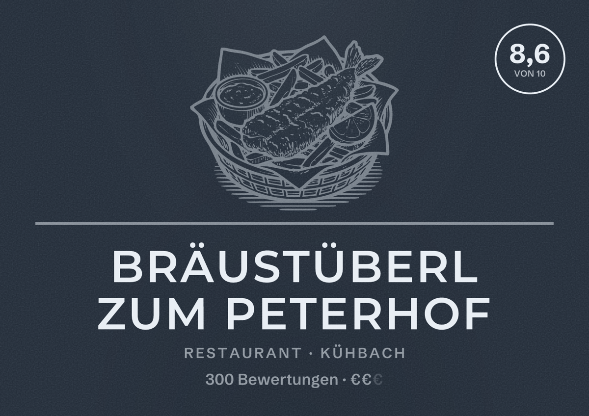 Illustriertes Poster von Bräustüberl zum Peterhof, Restaurant in Kühbach: Bewertung 8,6 von 10 aus 300 Bewertungen, Preisniveau €€