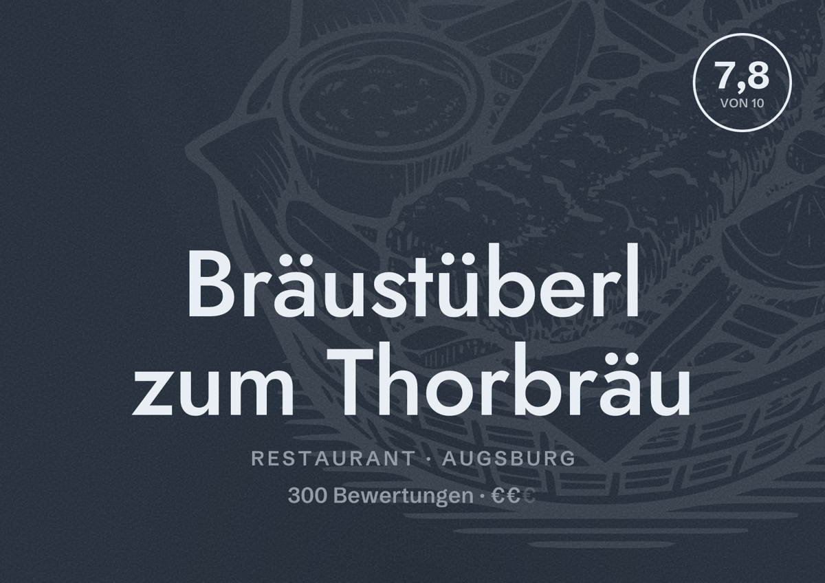 Illustriertes Poster von Bräustüberl zum Thorbräu, Restaurant in Augsburg: Bewertung 7,8 von 10 aus 300 Bewertungen, Preisniveau €€