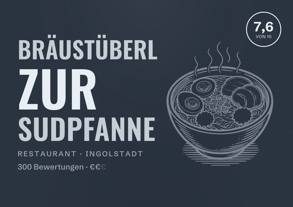 Illustriertes Poster von Bräustüberl Zur Sudpfanne, Restaurant in Ingolstadt: Bewertung 7,6 von 10 aus 300 Bewertungen, Preisniveau €€
