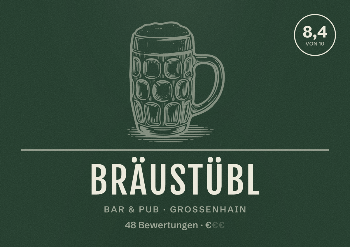 Illustriertes Poster von Bräustübl, Bar & Pub in Großenhain: Bewertung 8,4 von 10 aus 48 Bewertungen, Preisniveau €