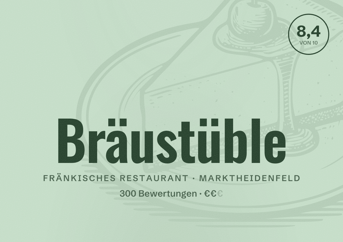 Illustriertes Poster von Bräustüble, Fränkisches Restaurant in Marktheidenfeld: Bewertung 8,4 von 10 aus 300 Bewertungen, Preisniveau €€