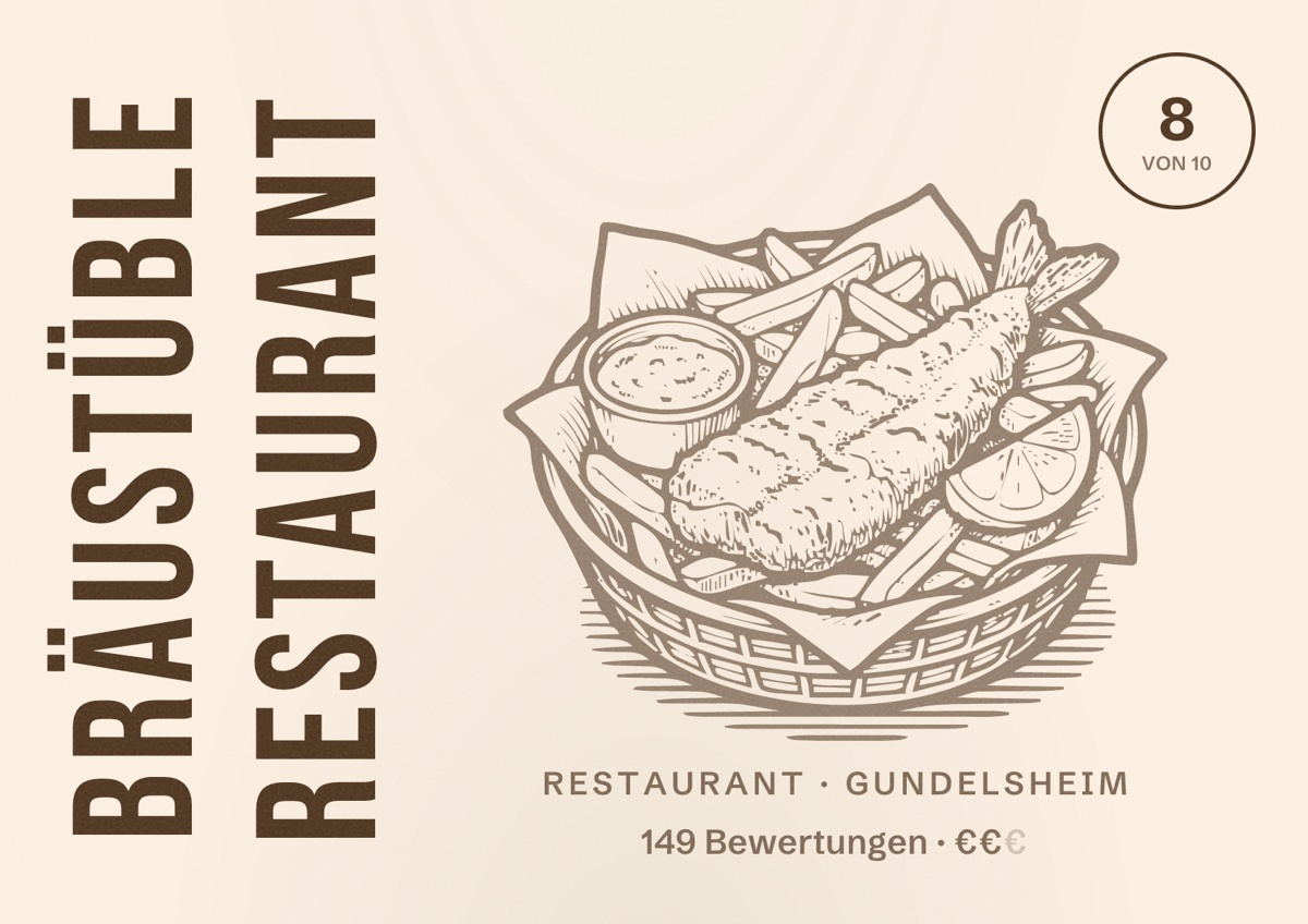 Illustriertes Poster von Bräustüble Restaurant, Restaurant in Gundelsheim: Bewertung 8 von 10 aus 149 Bewertungen, Preisniveau €€