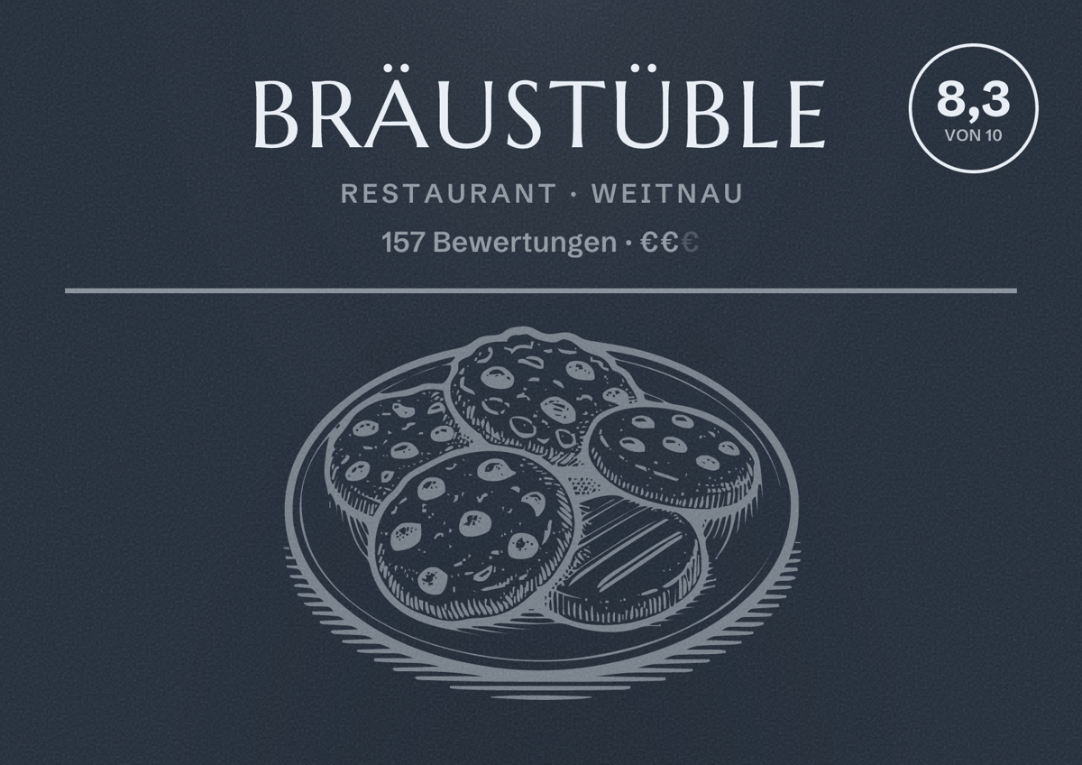Illustriertes Poster von Bräustüble, Restaurant in Weitnau: Bewertung 8,3 von 10 aus 157 Bewertungen, Preisniveau €€
