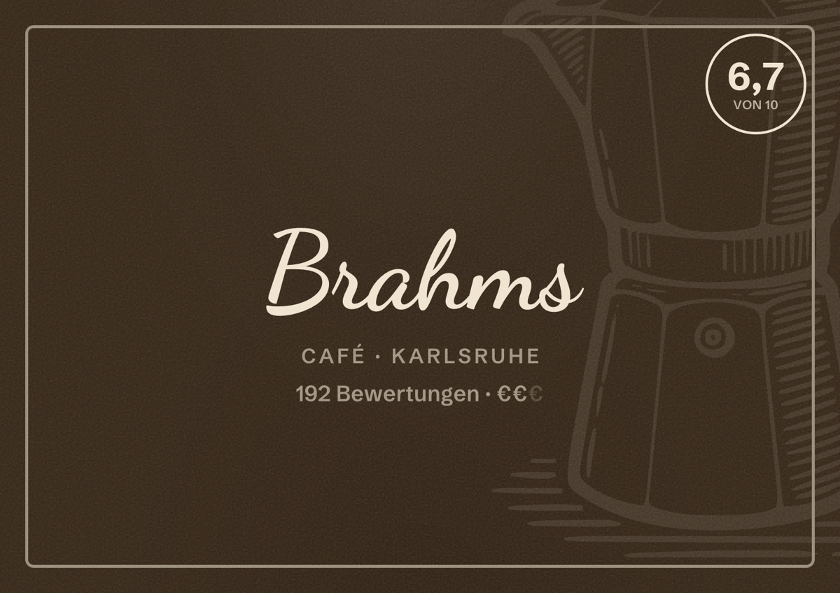 Illustriertes Poster von Brahms, Café in Karlsruhe: Bewertung 6,7 von 10 aus 192 Bewertungen, Preisniveau €€