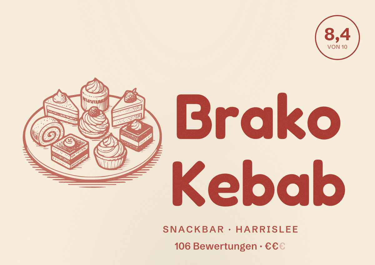 Illustriertes Poster von Brako Kebab, Snackbar in Harrislee: Bewertung 8,4 von 10 aus 106 Bewertungen, Preisniveau €€