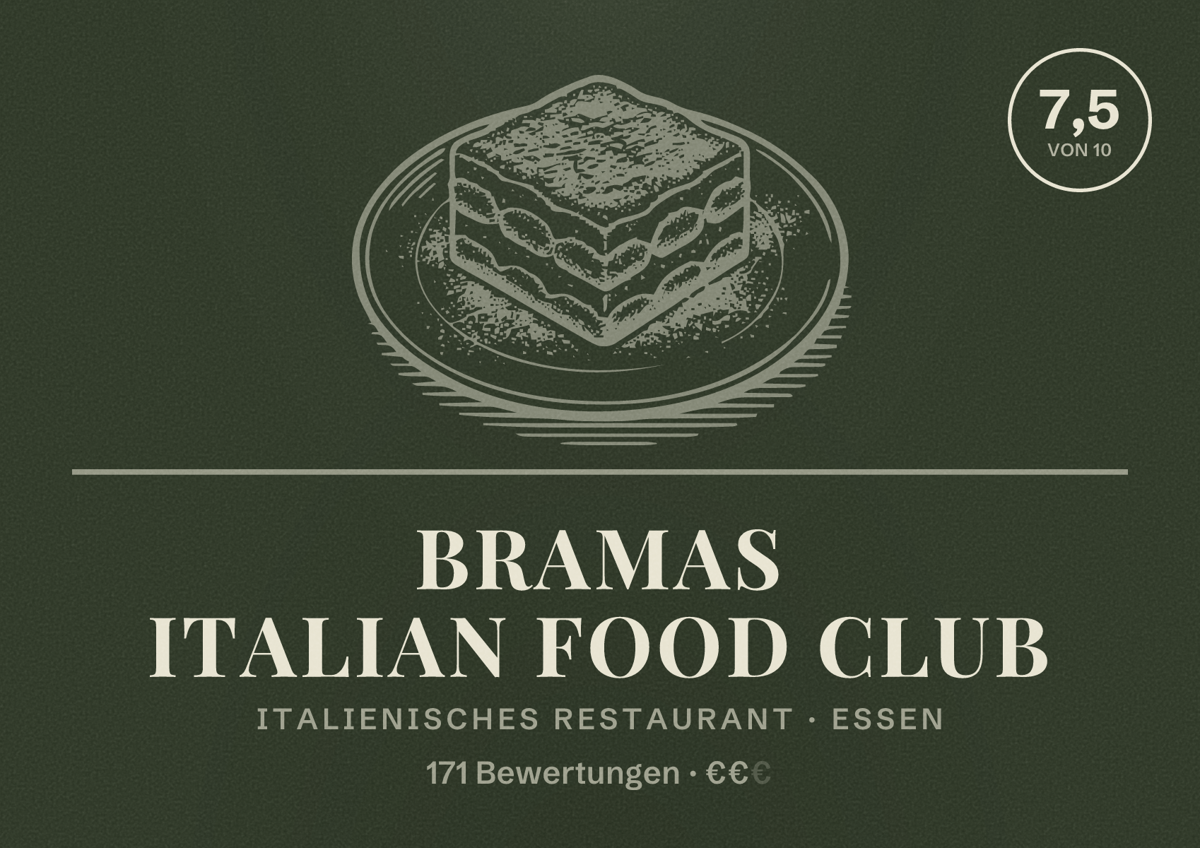 Illustriertes Poster von Bramas Italian Food Club, Italienisches Restaurant in Essen: Bewertung 7,5 von 10 aus 171 Bewertungen, Preisniveau €€