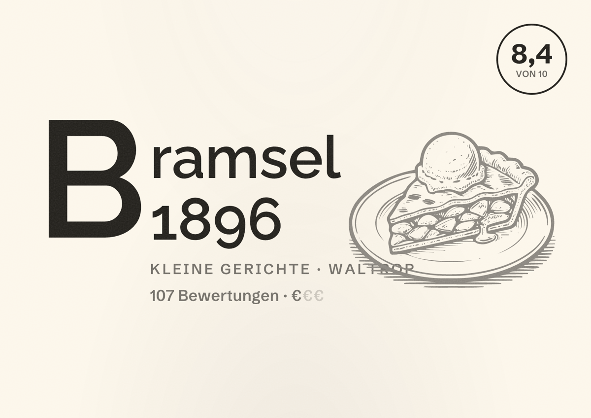 Illustriertes Poster von Bramsel 1896, Kleine Gerichte in Waltrop: Bewertung 8,4 von 10 aus 107 Bewertungen, Preisniveau €