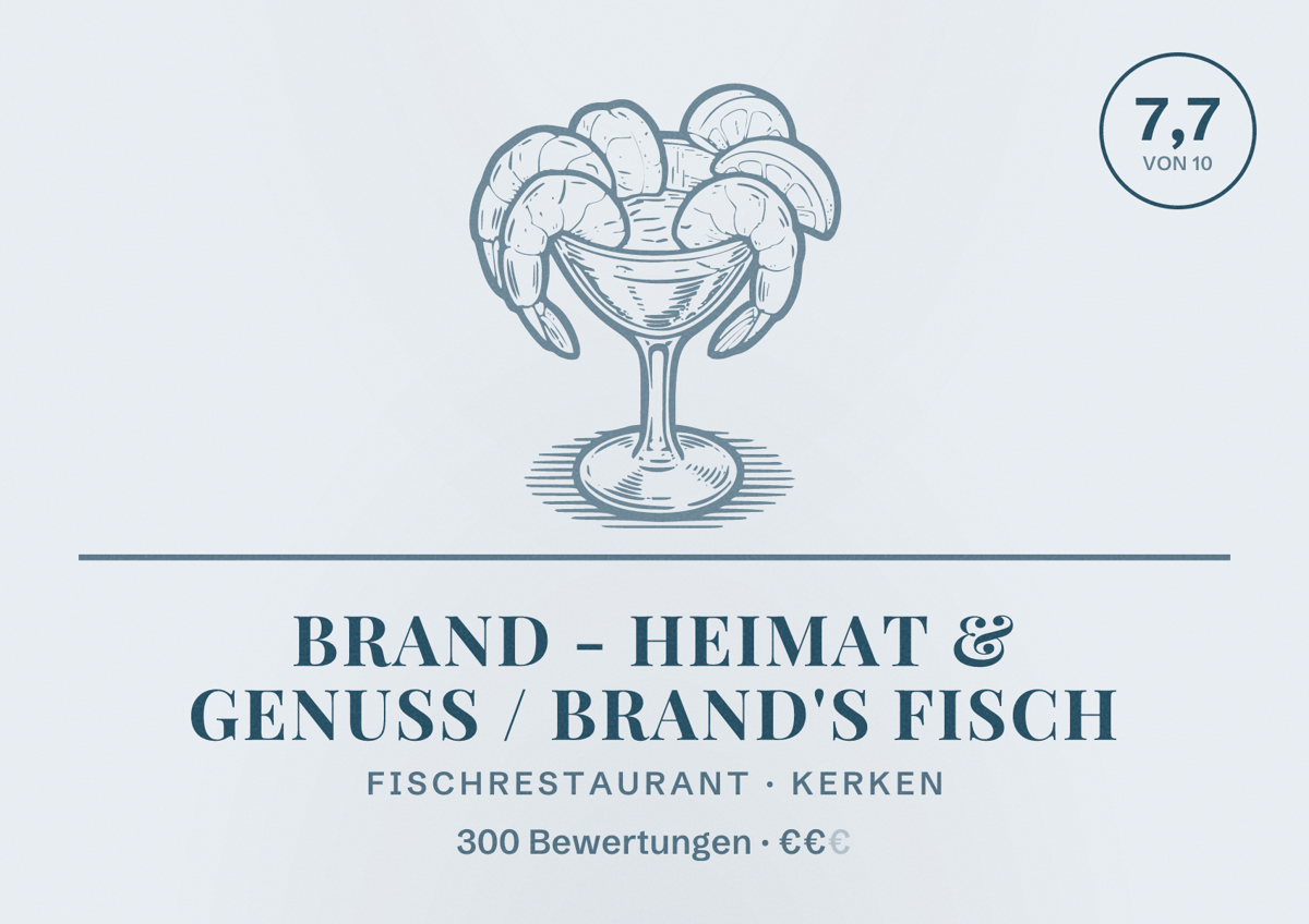 Illustriertes Poster von Brand - Heimat & Genuss / Brand's Fisch, Fischrestaurant in Kerken: Bewertung 7,7 von 10 aus 300 Bewertungen, Preisniveau €€