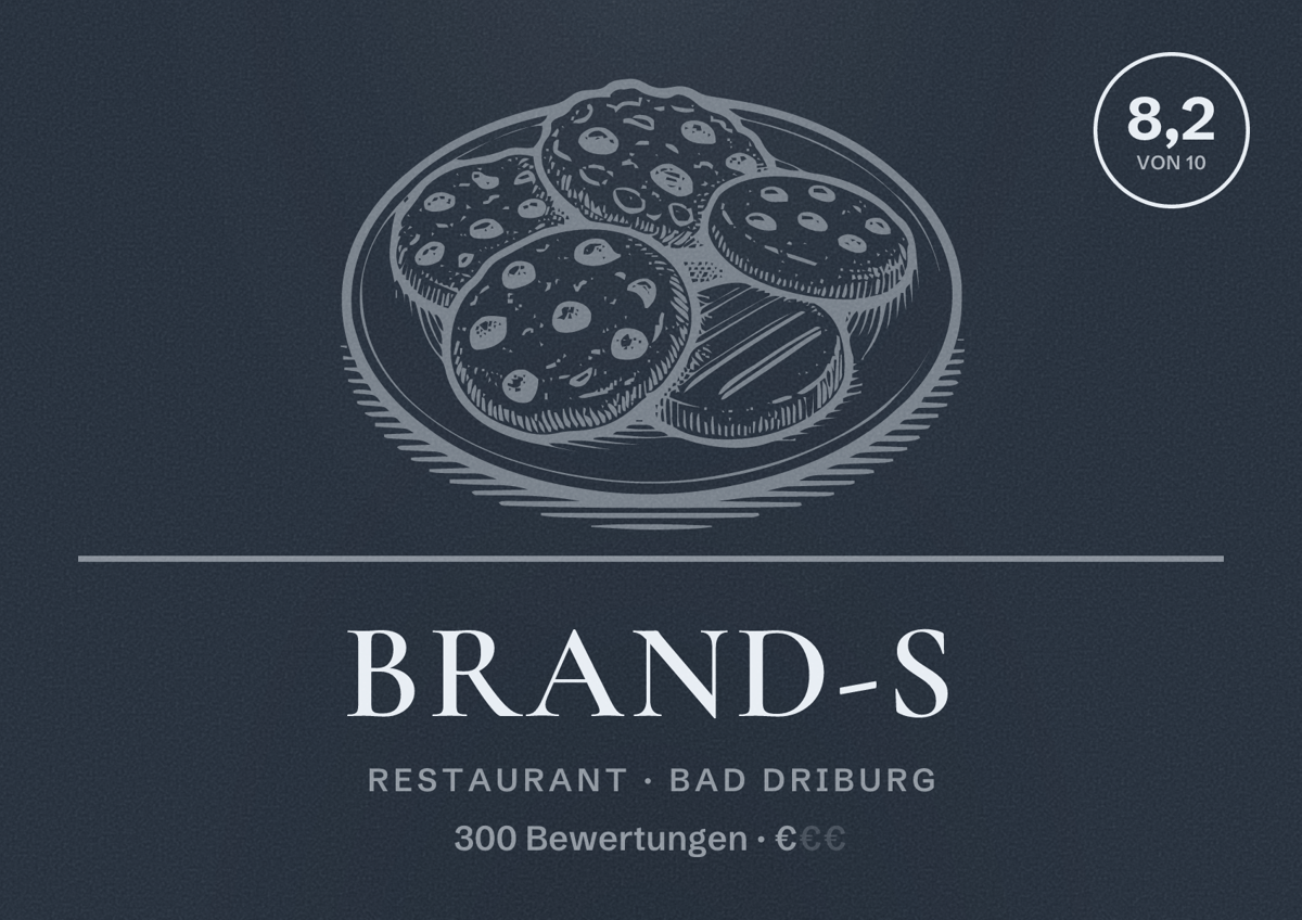 Illustriertes Poster von Brand-s, Restaurant in Bad Driburg: Bewertung 8,2 von 10 aus 300 Bewertungen, Preisniveau €