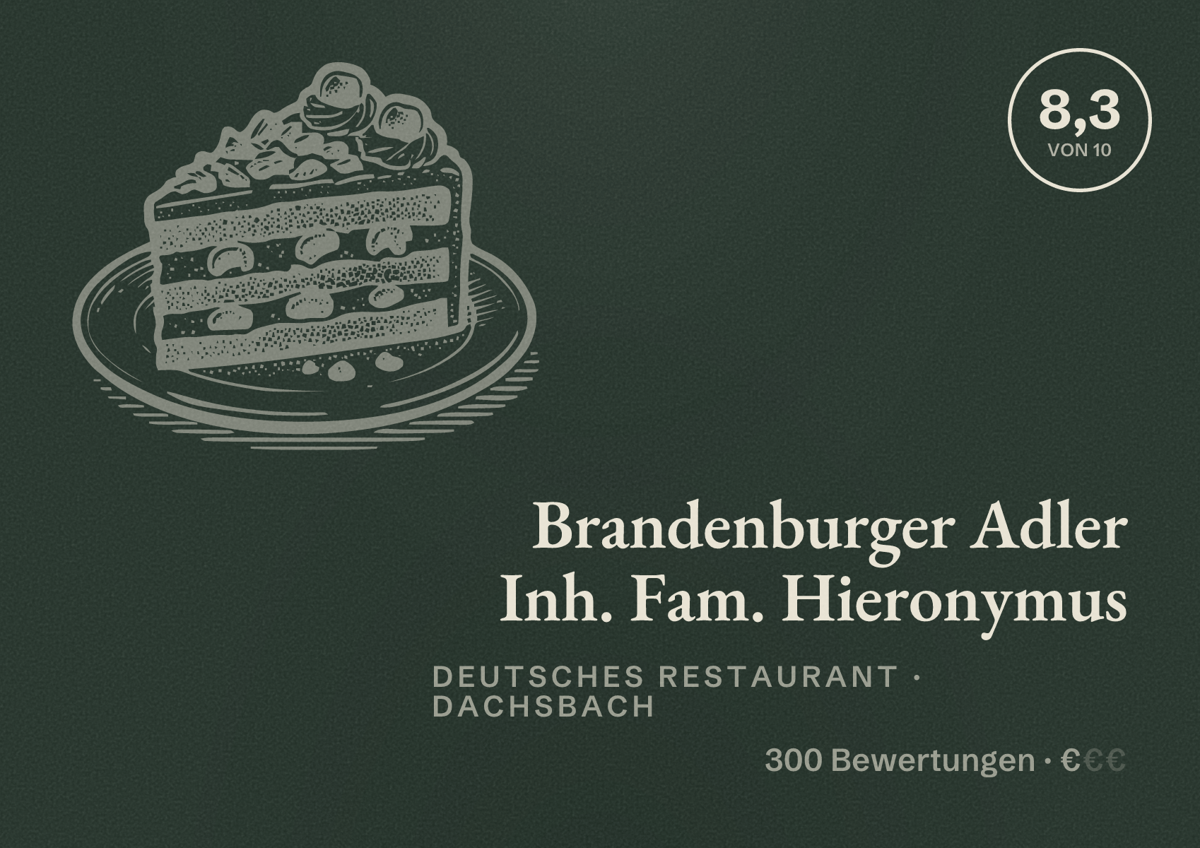 Illustriertes Poster von Brandenburger Adler Inh. Fam. Hieronymus, Deutsches Restaurant in Dachsbach: Bewertung 8,3 von 10 aus 300 Bewertungen, Preisniveau €