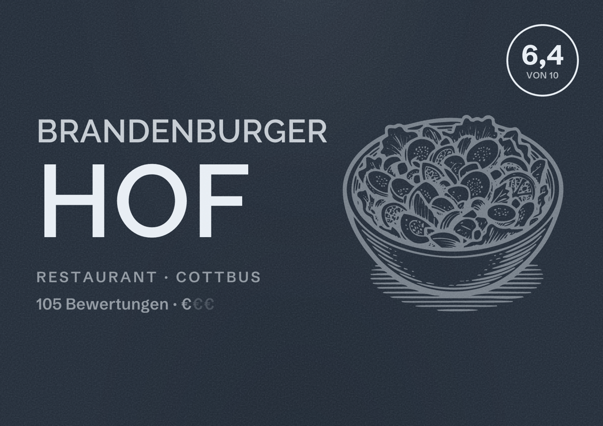 Illustriertes Poster von Brandenburger Hof, Restaurant in Cottbus: Bewertung 6,4 von 10 aus 105 Bewertungen, Preisniveau €