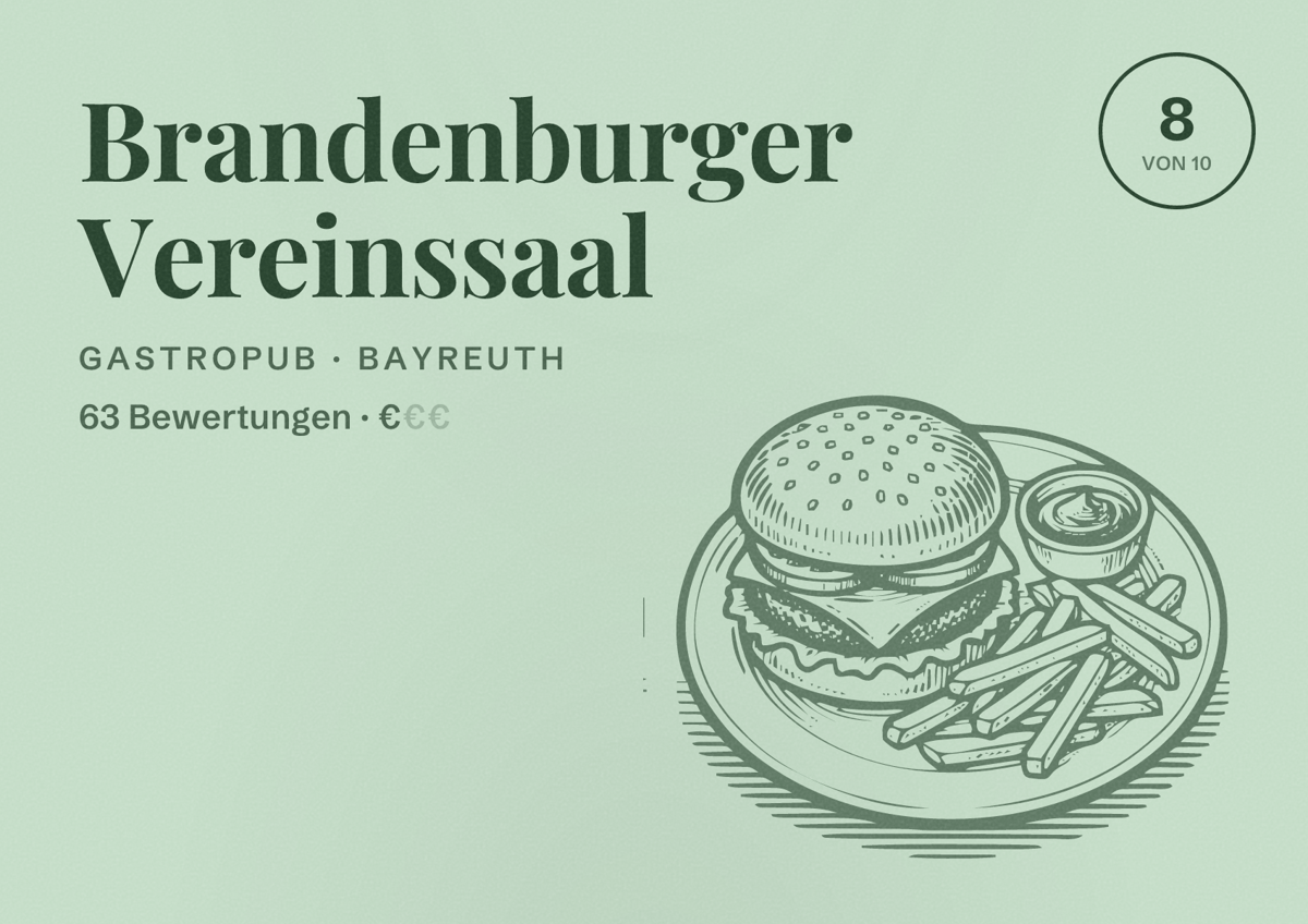 Illustriertes Poster von Brandenburger Vereinssaal, Gastropub in Bayreuth: Bewertung 8 von 10 aus 63 Bewertungen, Preisniveau €