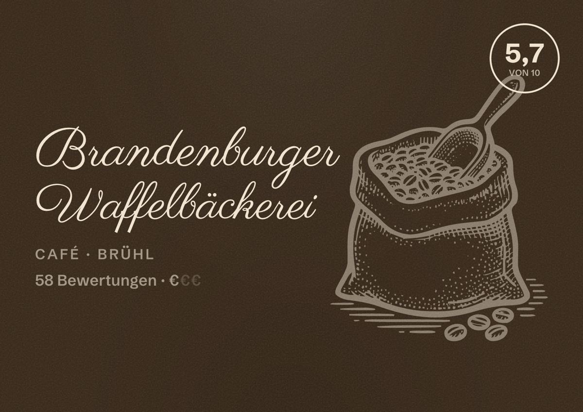 Illustriertes Poster von Brandenburger Waffelbäckerei, Café in Brühl: Bewertung 5,7 von 10 aus 58 Bewertungen, Preisniveau €