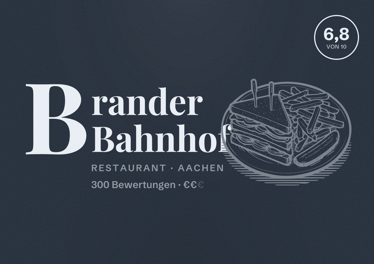 Illustriertes Poster von Brander Bahnhof, Restaurant in Aachen: Bewertung 6,8 von 10 aus 300 Bewertungen, Preisniveau €€