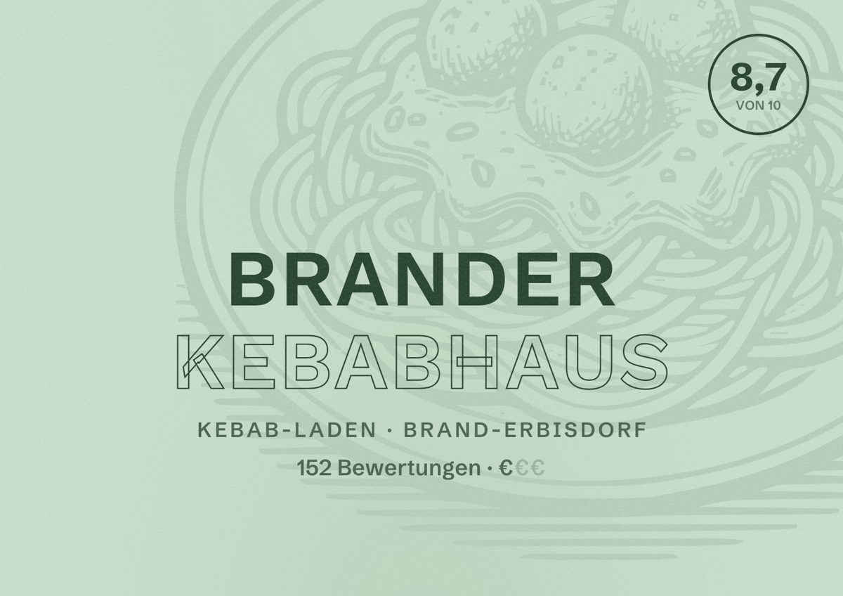 Illustriertes Poster von Brander Kebabhaus, Kebab-Laden in Brand-Erbisdorf: Bewertung 8,7 von 10 aus 152 Bewertungen, Preisniveau €