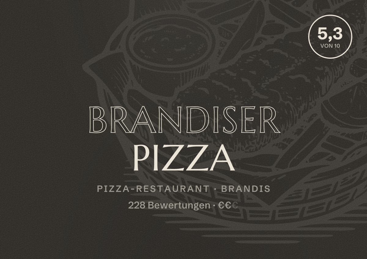 Illustriertes Poster von Brandiser Pizza, Pizza-Restaurant in Brandis: Bewertung 5,3 von 10 aus 228 Bewertungen, Preisniveau €€