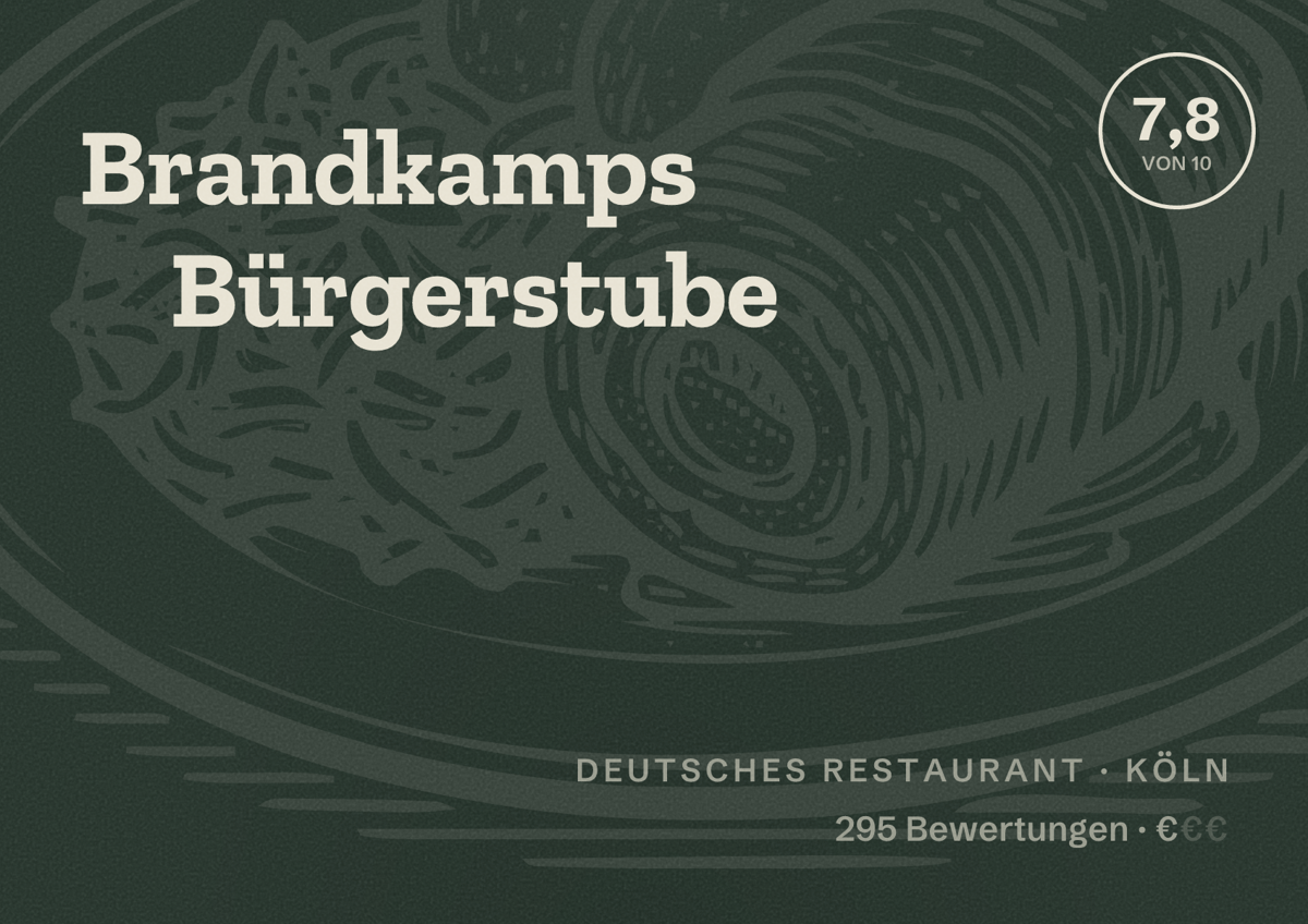 Illustriertes Poster von Brandkamps Bürgerstube, Deutsches Restaurant in Köln: Bewertung 7,8 von 10 aus 295 Bewertungen, Preisniveau €
