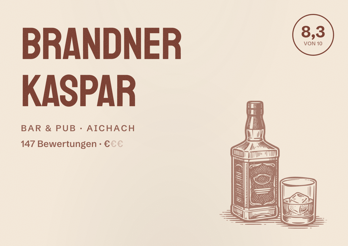 Illustriertes Poster von Brandner Kaspar, Bar & Pub in Aichach: Bewertung 8,3 von 10 aus 147 Bewertungen, Preisniveau €