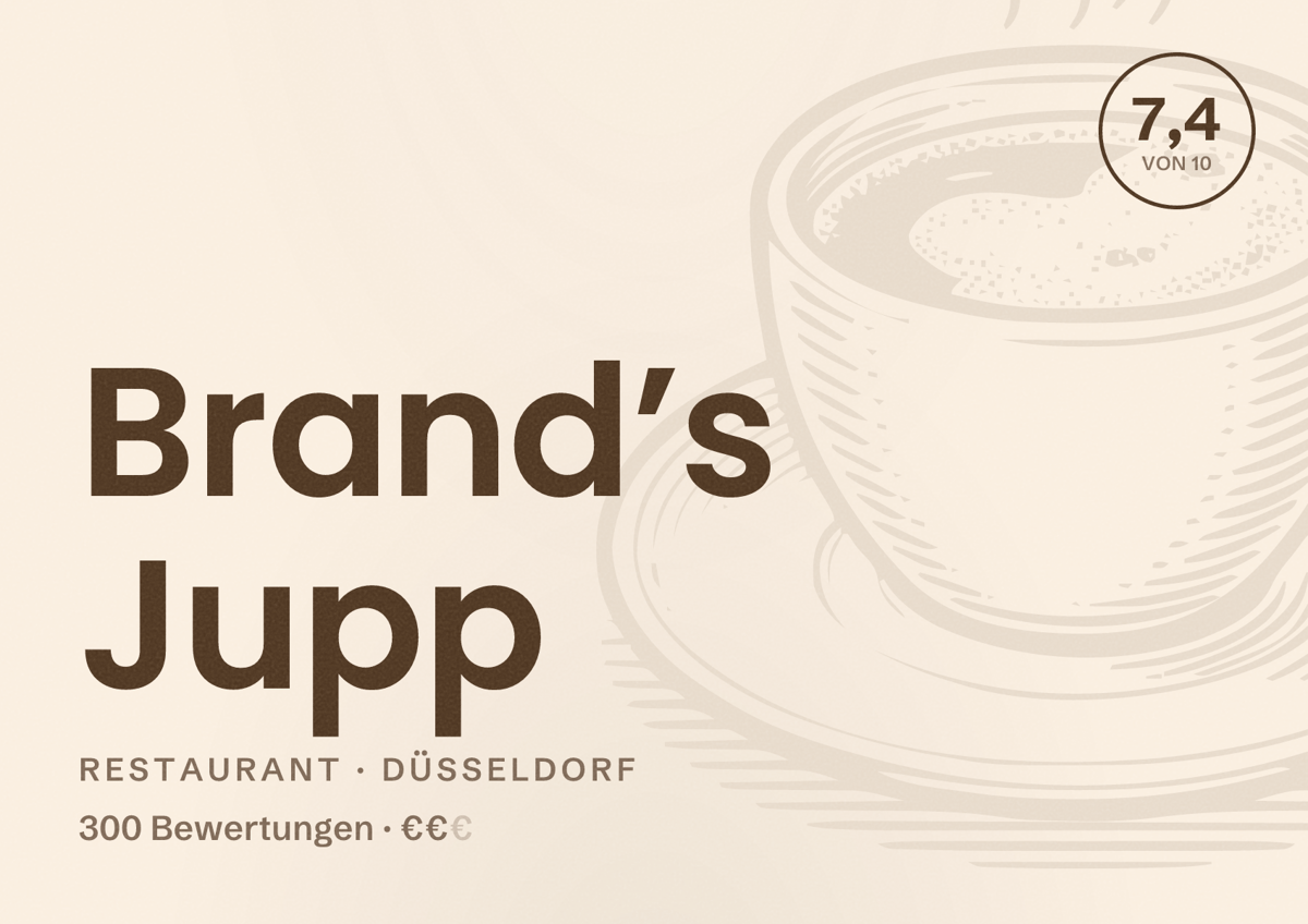 Illustriertes Poster von Brand’s Jupp, Restaurant in Düsseldorf: Bewertung 7,4 von 10 aus 300 Bewertungen, Preisniveau €€
