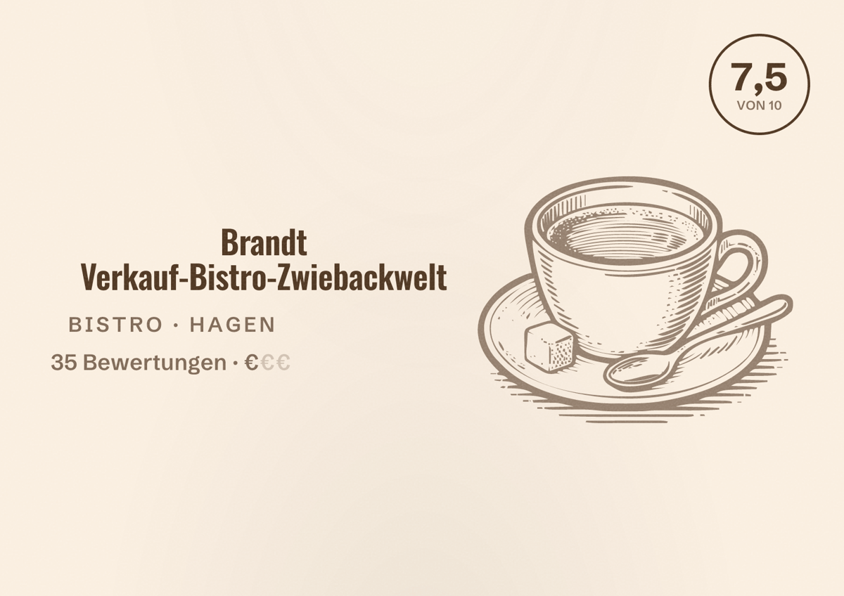 Illustriertes Poster von Brandt Verkauf-Bistro-Zwiebackwelt, Bistro in Hagen: Bewertung 7,5 von 10 aus 35 Bewertungen, Preisniveau €