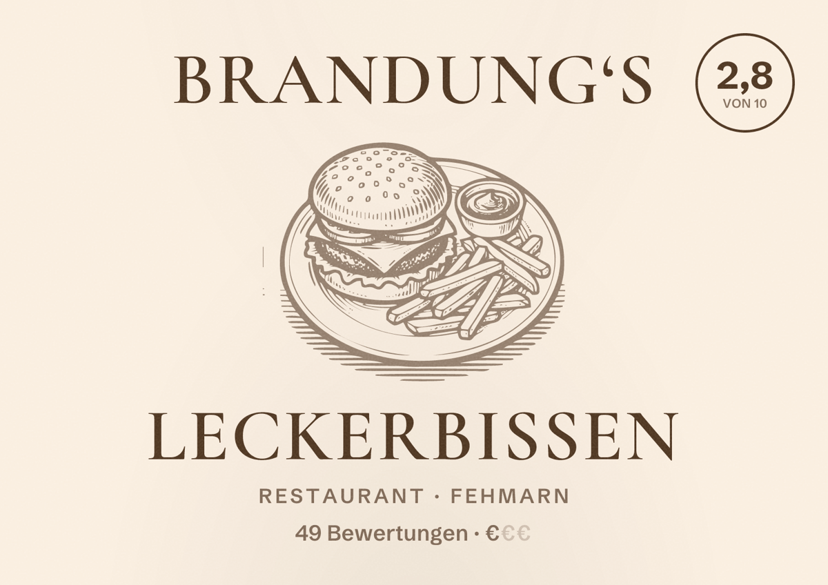 Illustriertes Poster von Brandung‘s Leckerbissen, Restaurant in Fehmarn: Bewertung 2,8 von 10 aus 49 Bewertungen, Preisniveau €