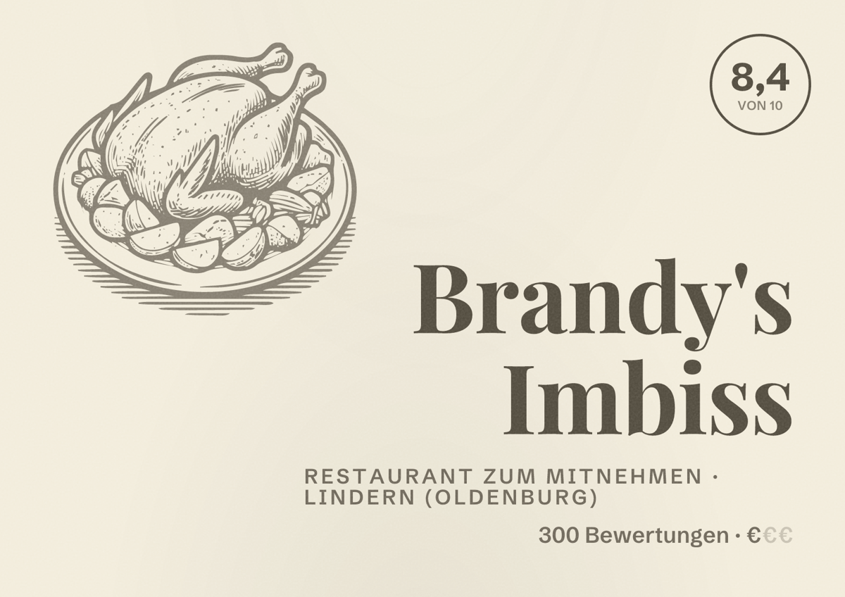 Illustriertes Poster von Brandy's Imbiss, Restaurant zum Mitnehmen in Lindern (Oldenburg): Bewertung 8,4 von 10 aus 300 Bewertungen, Preisniveau €