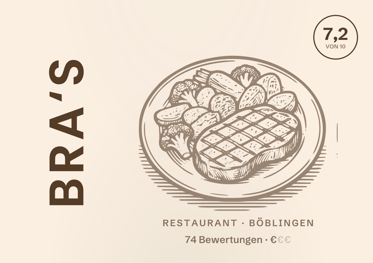 Illustriertes Poster von Bra‘s, Restaurant in Böblingen: Bewertung 7,2 von 10 aus 74 Bewertungen, Preisniveau €